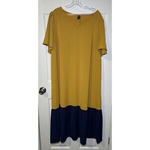 Emery Rose Plus Size Short Sleeve Drop Waist Maxi Dress Yellow/Blue Size 2X